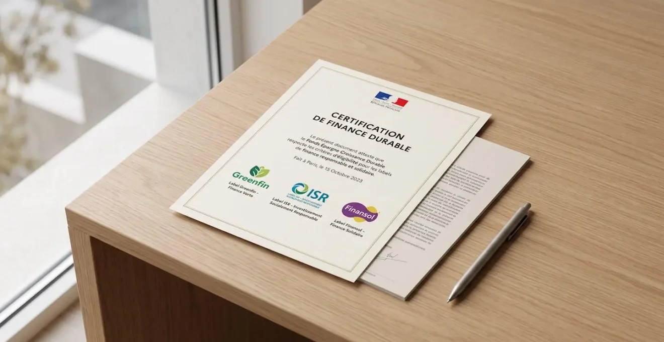 Documents officiels français présentant les labels de certification verts Greenfin, ISR et Finansol sur bureau moderne